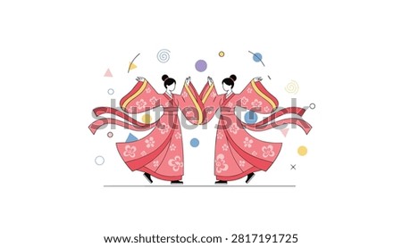 Two women in matching pink cherry blossom robes performing an expressive synchronized traditional dance surrounded by floating shapes.
