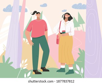 Two women meeting at city park or forest. Young girls friends stand together, talking, drinking coffee. Different styles of clothing - comfortable suit and smart outfit. Vector character illustration