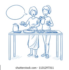 Two women, mothers or friends, serving or selling coffee and cake at a charity or school event. Hand drawn blue outline line art cartoon vector illustration. 