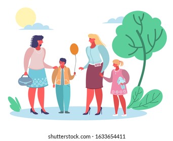 Two women mothers with their kids talking to each other, vector flat style design illustration. Young moms walking, taking rest, chatting in the park.