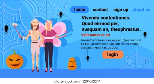 two women mummy fairy costumes taking selfie spider web pumpkin decoration happy halloween concept female cartoon character full length horizontal copy space flat vector illustration