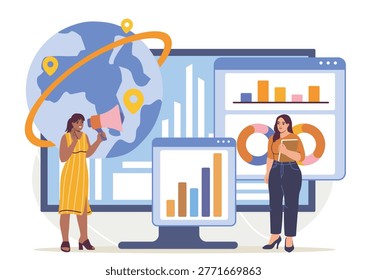 Two women near global map and analytic charts in flat graphic style on white background showing marketing concept. Creative hand-drawn vector illustration