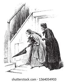 Two women observing something in the corner, vintage line drawing or engraving illustration