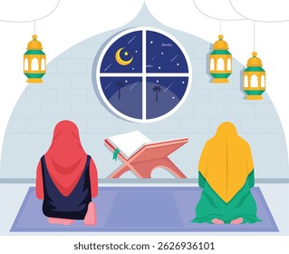 Two women Offering prayers concept, Salat al-Eid or holy holiday prayers together vector design, Eid al-Adha scene, Eid-al-Kabir Hajj banner, Traditional Arabic Muslims Festival stock illustration