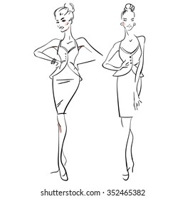 Two women in office clothes. Office working style, vector