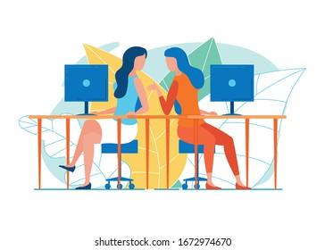 Two Women, Office Colleagues, Taking Advantage of Small Break, Sitting on Swivel Chairs at Neighboring Desks with Personal Computers, Talking to Each Other, Discussing Work or Office Rumors