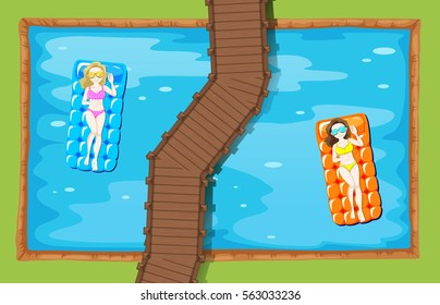Two women on floating mat in the pool illustration