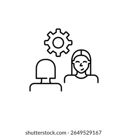 Zwei Frauen im Interview oder Gespräch und Zahnrad. Kooperationseinstellungen, Kommunikationsmanagement, Interviewkonfiguration, Dialogoptimierung, Steuerung der Benutzerinteraktion. Pixel perfekt, bearbeitbar