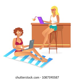 Two women on resort color vector illustration with lying on striped towel girl and sitting by wooden table woman, busy businesswomen, white backdrop