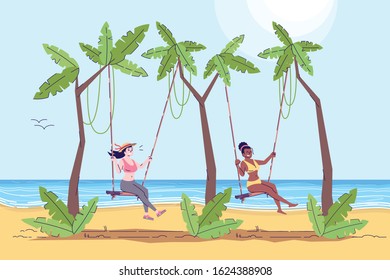 Two women on swings flat doodle illustration. Beach activity. Girls having fun on sea shore. Exotic country. Seaside. Indonesia tourism 2D cartoon character with outline for commercial use