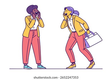 Two women, one with dark skin and curly hair, the other with light skin and a ponytail, are depicted shouting with open mouths and hands cupped around them.