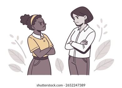 Two women, one with dark skin and curly hair, the other with light skin and short dark hair, stand facing each other with arms crossed and angry expressions.