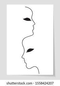 Two women one line profiles, vector human face, poster with girls, beauty sketch