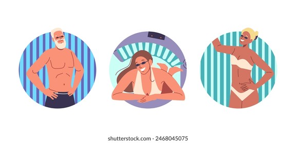 Two Women And One Man Happily Engaging In A Solarium Tanning Session. Vector Round Icons Of People Enjoying The Process