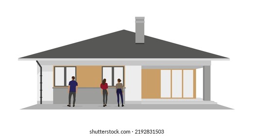 Two Women And One Man Look Into The Windows Of The House On A White Background