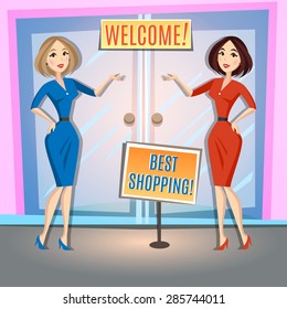 Two women at the opening of the store. Cartoon Illustration