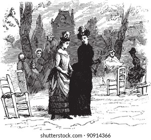 Two women at the park - Vintage illustration from "La petite soeur par Hector Malot" 1882