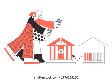 Two women paying to bank mortgage loan to own a house. LGBT family buying real estate property concept flat vector isolated illustration.