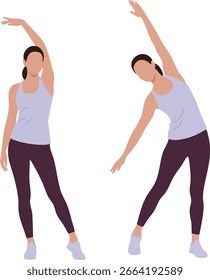 Two women perform stretching exercises in purple and lilac activewear, promoting fitness and wellness through movement with a calm and focused mood.