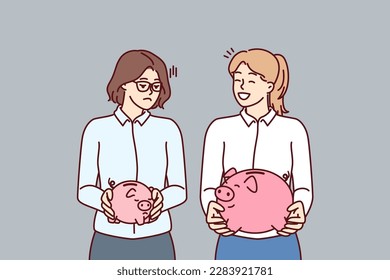 Two women with piggy banks for money of various sizes for concept of income inequality and different levels of wages. Comparison of savings on bank deposit or investments invested in pension account