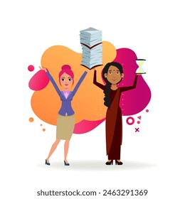 Two women with pile of papers and sandglass. Female characters in traditional and formal wear working together. Vector illustration. International business, paperwork concept for banner, web design