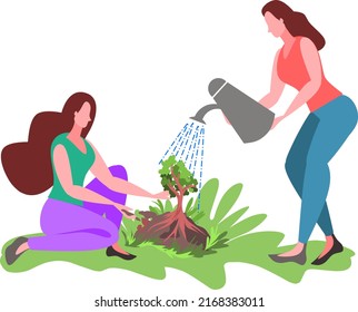 Two women planting trees protecting  environment vector illustration 