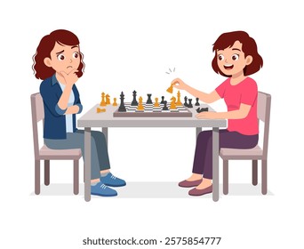 two women play chess and thinking hard