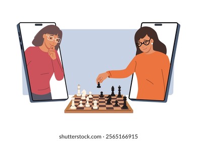 Two women play chess through mobile application on smartphones to practice strategic thinking. Online chess game for young girls demonstrating high intelligence in online tournament