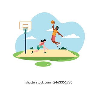 Two women playing basketball are practicing and one is going to do a slam dunk. sport and recreation concept. Healthy lifestyle illustration in flatstyle design