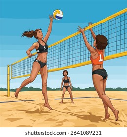 Two women playing beach volleyball on sandy court, one jumping to hit the ball, net between them, summer sport in flat design