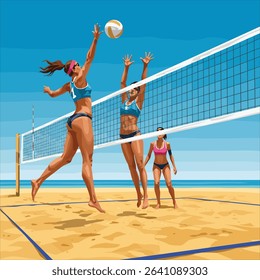 Two women playing beach volleyball on sandy court, one jumping to hit the ball, net between them, summer sport in flat design