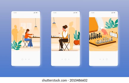 Two women playing chess board game tournament. Mobile app screens, vector website banner template. UI, web site design.