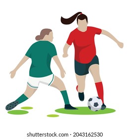 Two women playing football. Women football match illustration. Football players wearing red and green jerseys. A woman dribbling a ball. Female soccer player.