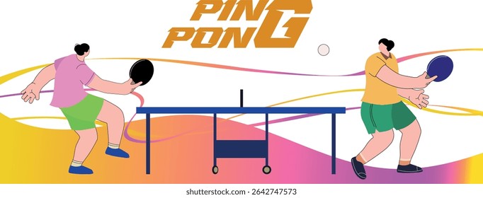 Two women playing ping pong, competition poster illustration. Banner tournament, sports school, club, table tennis training.
