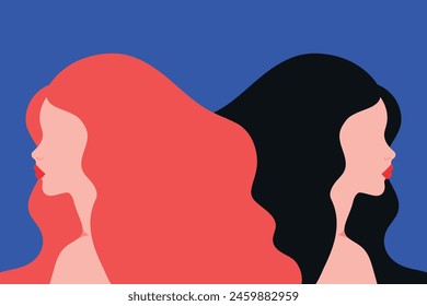 Retrato de dos mujeres. Perfiles femeninos pelirrojos y morenos. Ilustración vectorial