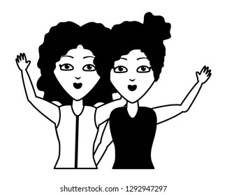 two women portrait waving hand vector illustration