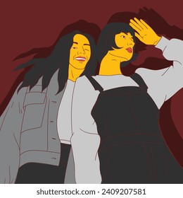 las dos mujeres posan en un marco. ilustración vectorial