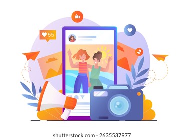 Two women posing on vacation snapshot inside smartphone screen, surrounded by media icons, camera, megaphone, and paper planes on white background. Concept of social media sharing. Vector illustration
