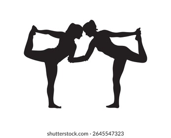 Two Women Practicing Partner Yoga in Dancer Pose Silhouette