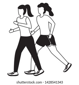 two women practicing running activity vector illustration