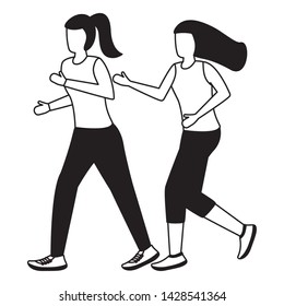 two women practicing running activity vector illustration