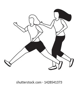 two women practicing running activity vector illustration