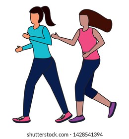 two women practicing running activity vector illustration