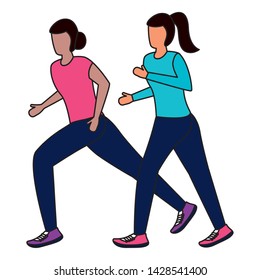 two women practicing running activity vector illustration