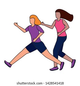 two women practicing running activity vector illustration