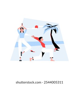 Two Women Practicing Yoga On Beach In Flat Vector Illustration Symbolizing Health, Fitness, And Relaxation, Isolated On White Background