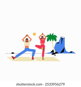 Two Women Practicing Yoga Outdoors In Flat Vector Illustration Symbolizing Fitness, Relaxation, And Well Being, Isolated On White Background.