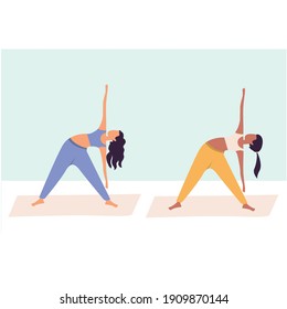 Two women practicing yoga together, group of women performing gymnastic exercise in gym, aerobics class, training, sports activity, flat cartoon colorful vector illustration
