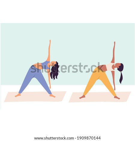 Two women practicing yoga together, group of women performing gymnastic exercise in gym, aerobics class, training, sports activity, flat cartoon colorful vector illustration