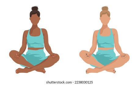 Two women practicing yoga together.Vector illustration in flat and face less style.A woman in the lotus position.
